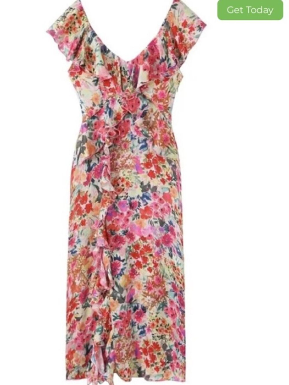 Zara Floral Ruffle Midi Dress - Pink Multi Size Medium